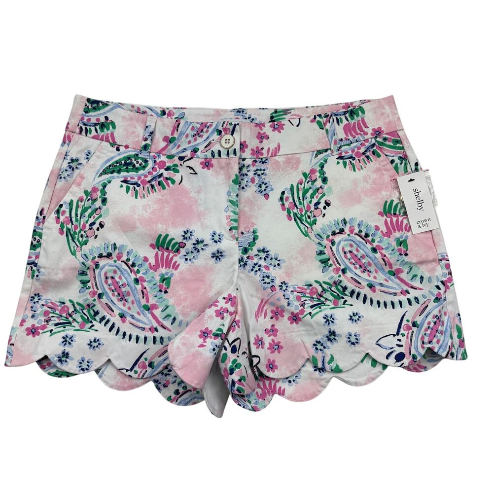 Crown & Ivy Southern Charm Happy Preppy Floral Scalloped Shorts Women's Size 10
